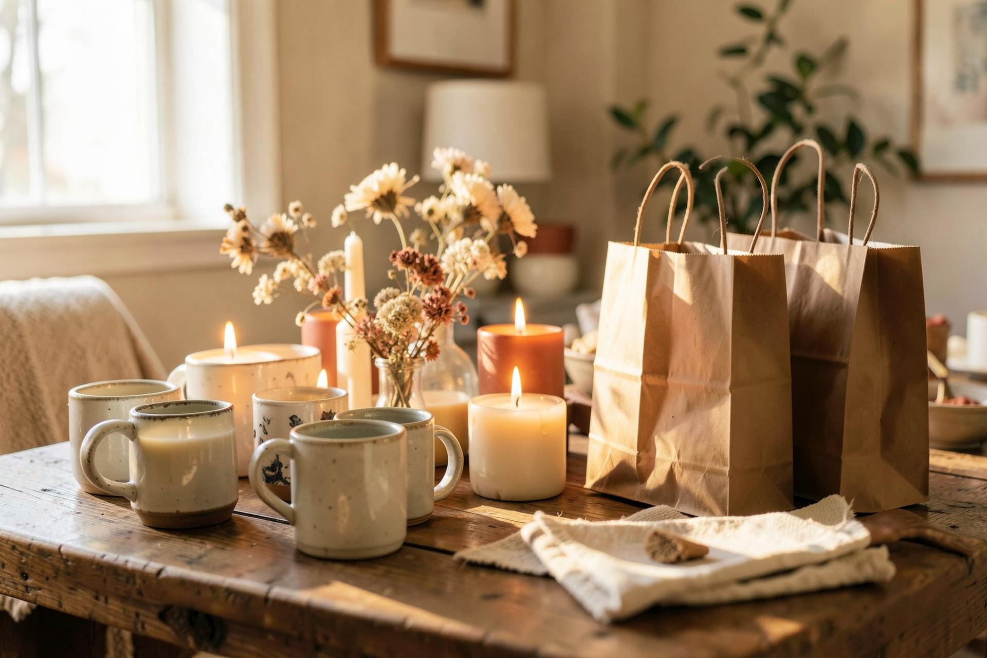 A cozy table set with handmade ceramic mugs, candles, and dried flowers for an in-home gathering